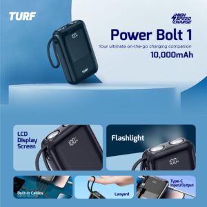 Turf 10000mAh Power Bank inbuilt cable and torch light