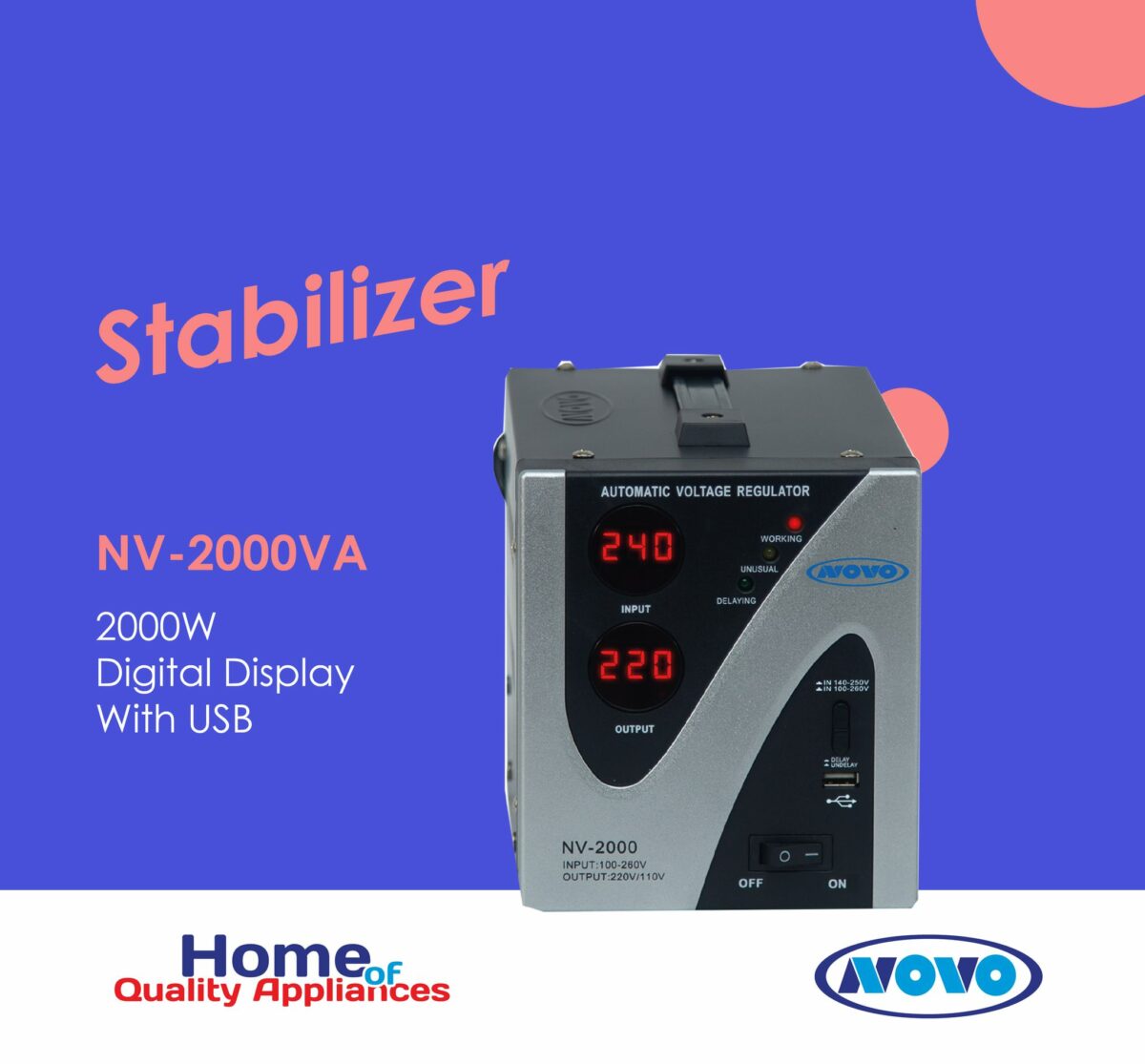 Novo 1500VA Digital Display Automatic Voltage Regulator/Stabilizer