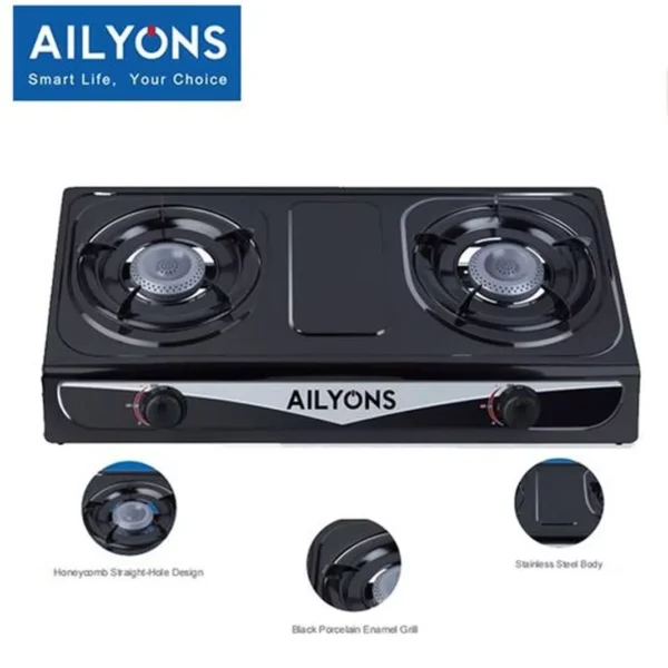 AILYONS Black Gas Cooker- Stainless Steel Double Burner - Goodluck Africa