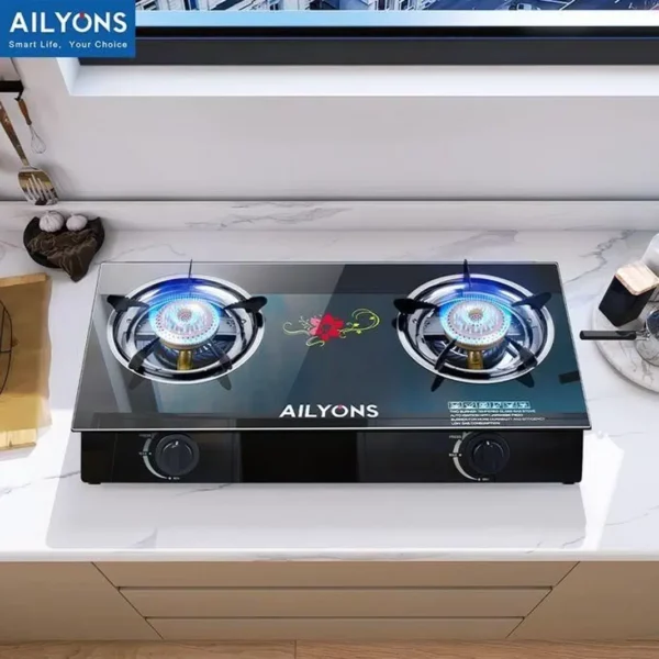 AILYONS 2 Burner Glass Top Gas Cooker; Infrared Automatic Double Burner ...