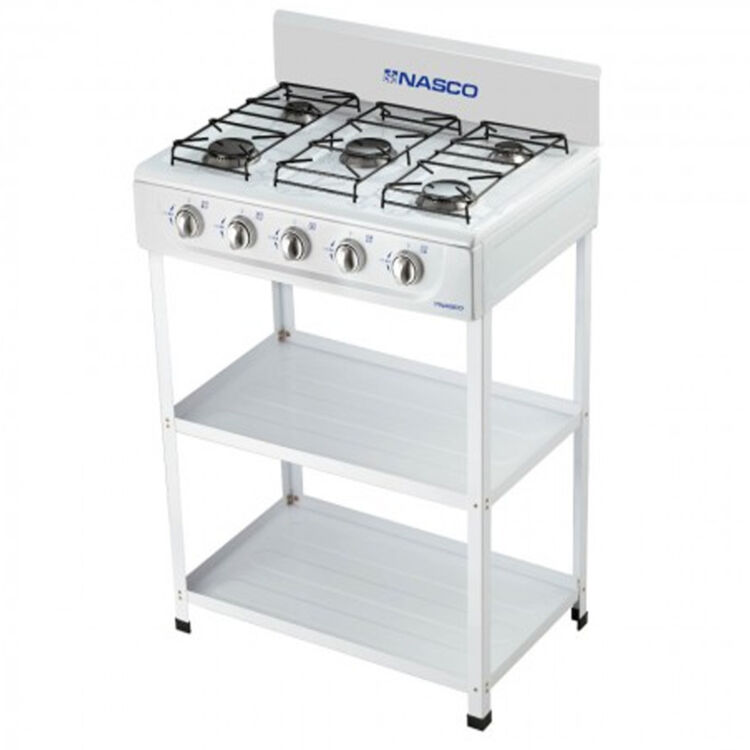 Nasco-NASGGS/K5BW-S Gas Stove 5 Gas Burner 2 Shelves Stand White